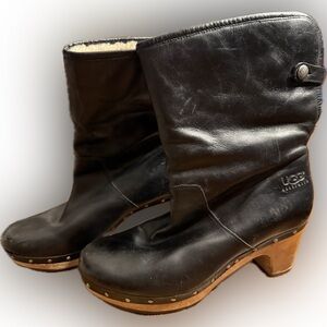 UGG Australia “Cambridge” leather clog boots, pre-owned w/visible wear, size 9